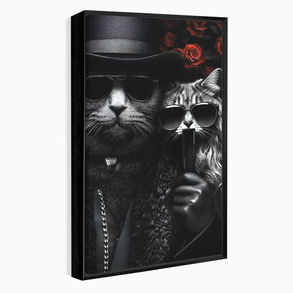 Tablou canvas cu tablou canvas cu pisici gangster in ochelari, in rama de aluminiu negru